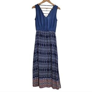 Bluet Dress Womens Size 10 Blue Multicolor Tencel Ikat Sleeveless V Neck Maxi